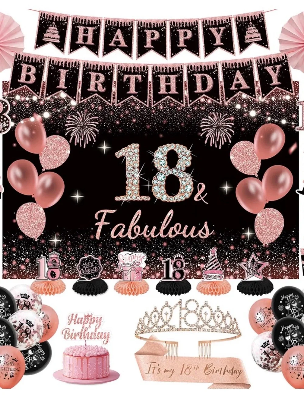 18th Birthday Party Decoration Kit - Rose Gold and Black